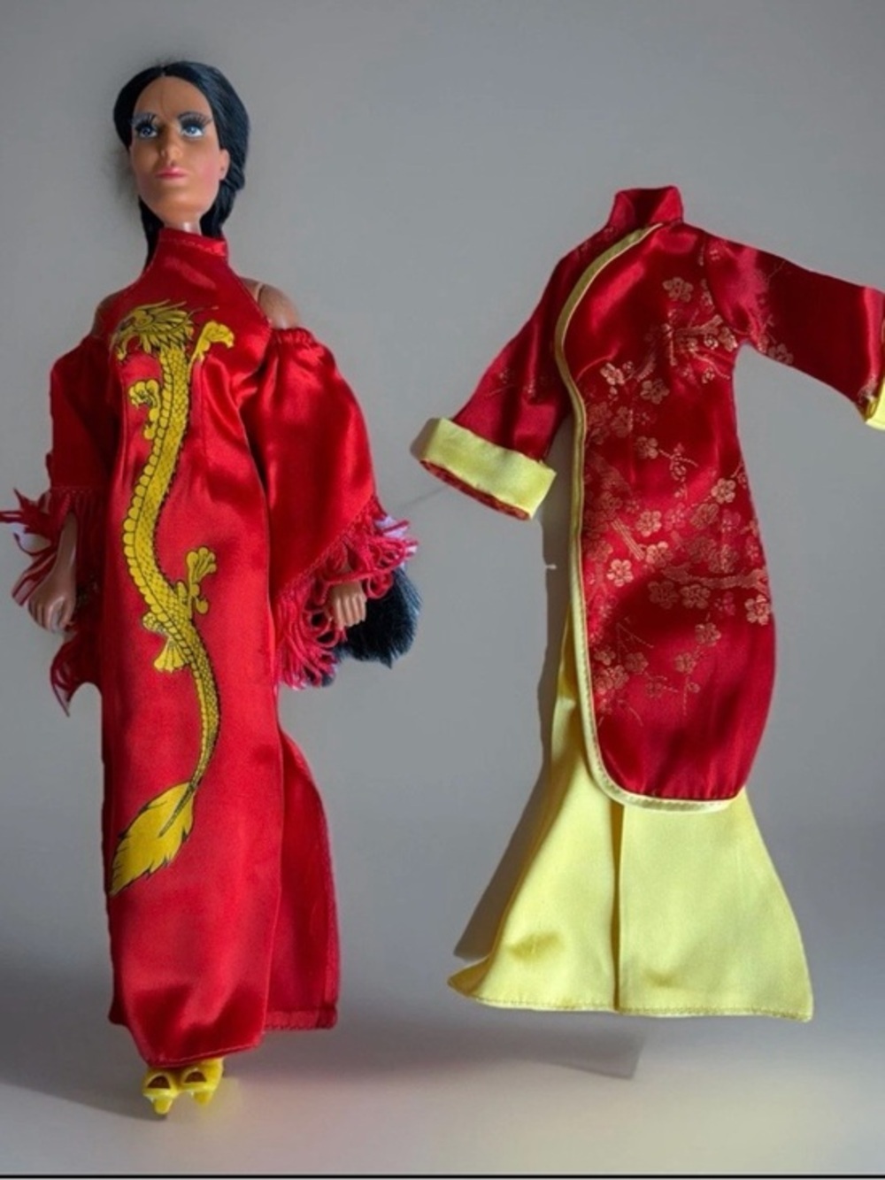 Vintage Mego Cher Doll with Bob Mackie Dragon Dress and Original Out & Shoes